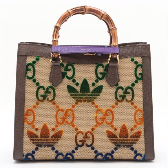 Gucci x Adidas Bamboo Diana Canvas & Leather 2 Way Handbag Beige×Brown 678842 - Picture 2 of 16